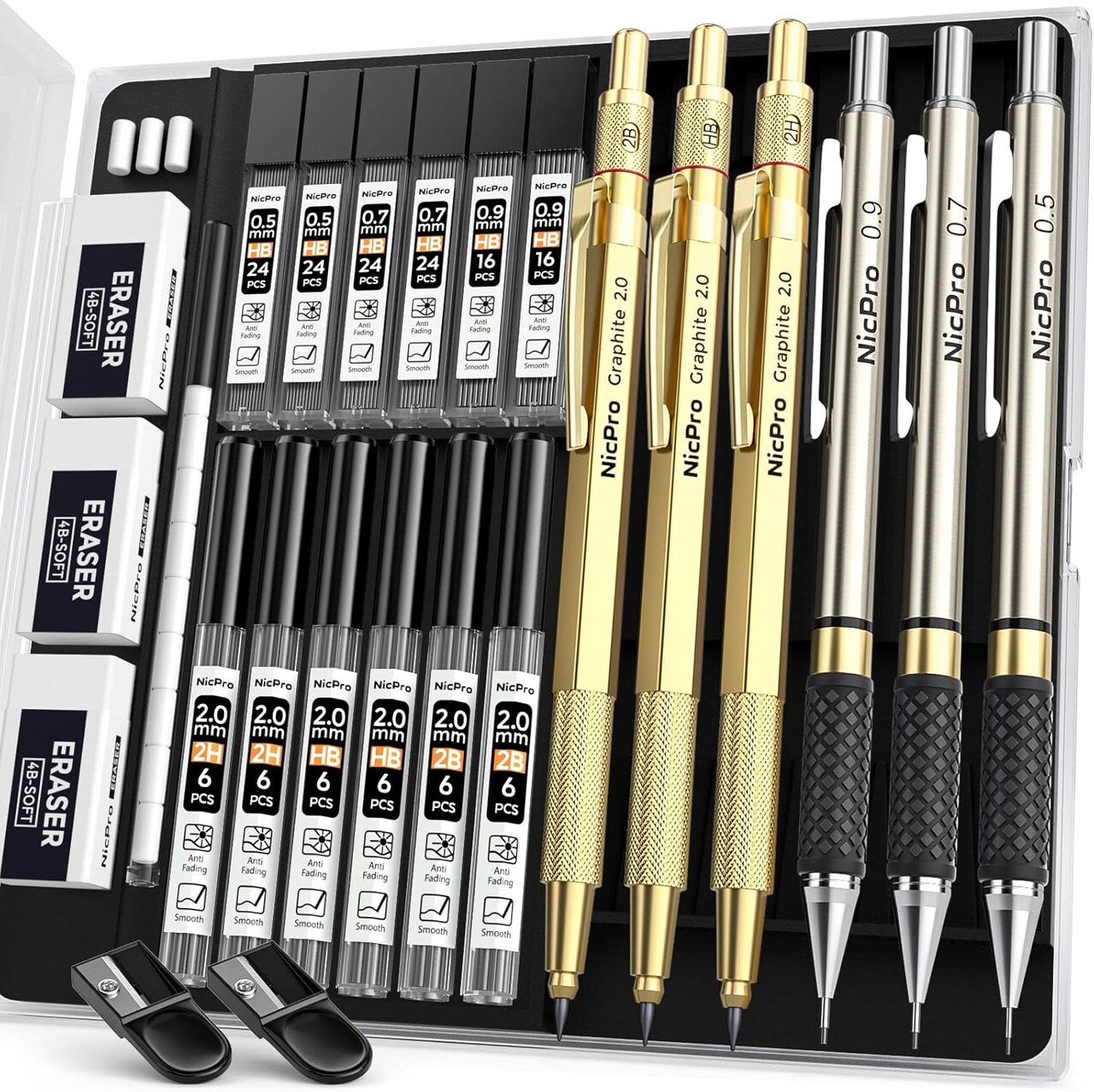 Gold Art Mechanical Pencil Set – 6 Metal Drafting Pencils (0.5, 0.7, 0.9, 2mm) with 12 Tubes Lead Refills, Erasers, Sharpeners & Case – Perfect for Drawing, Sketching, and School Use (Gold)
